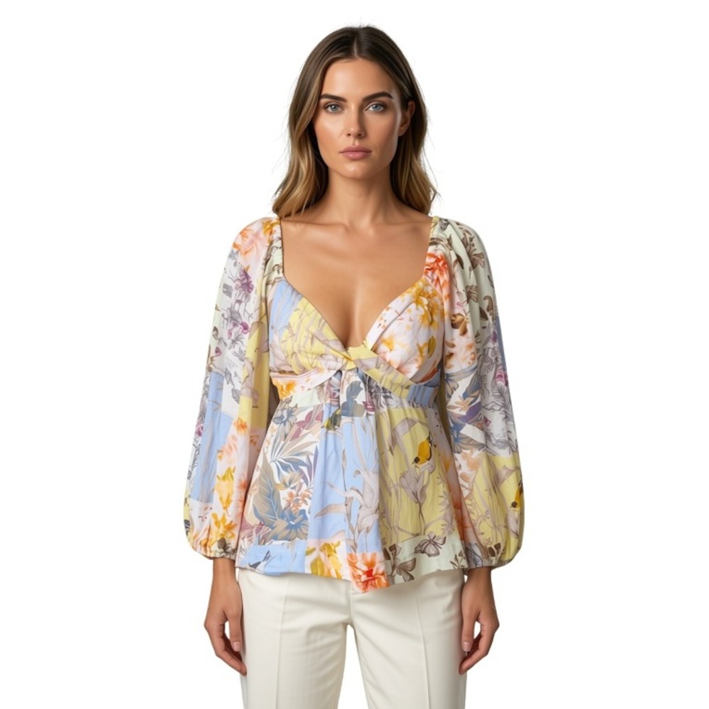 Banana Republic Floral Patchwork‎ Twist Front Ramie Top Blue Yellow Orange M